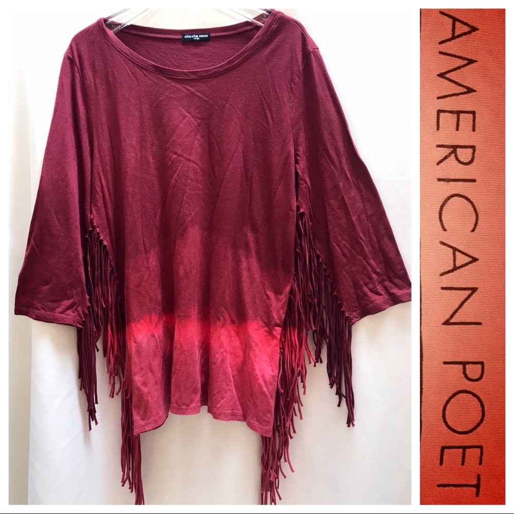 Fringed Tie-Dye 3/4 Sleeve Cotton Jersey TOP